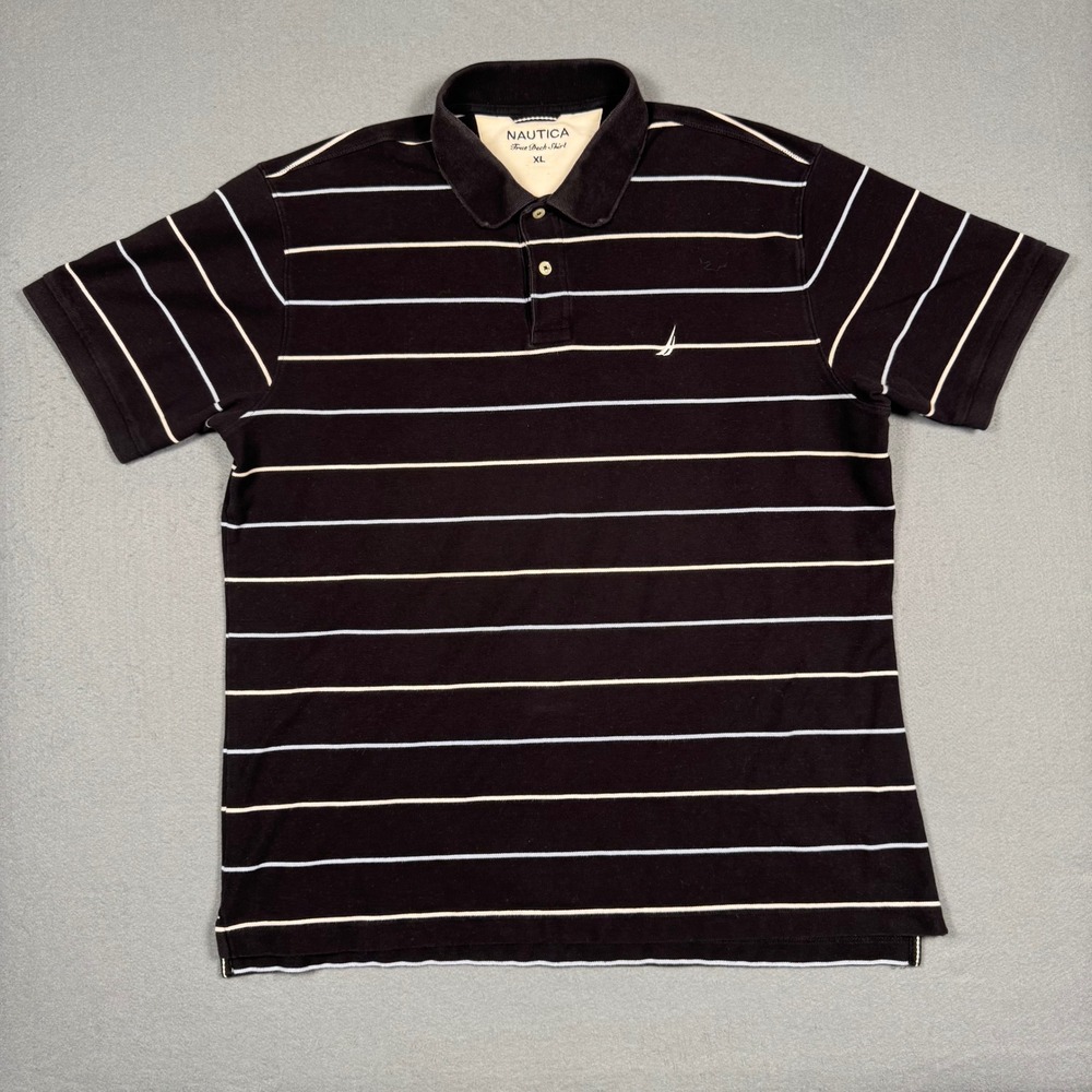 Nautica True Deck Shirt Mens XL Black Striped Polo Short Sleeve Cotton Blend XL